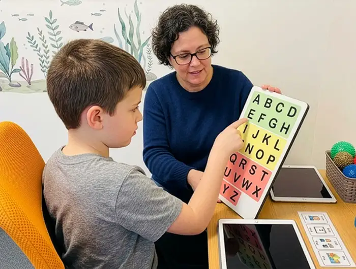A speller and practitioner working together with a letterboard